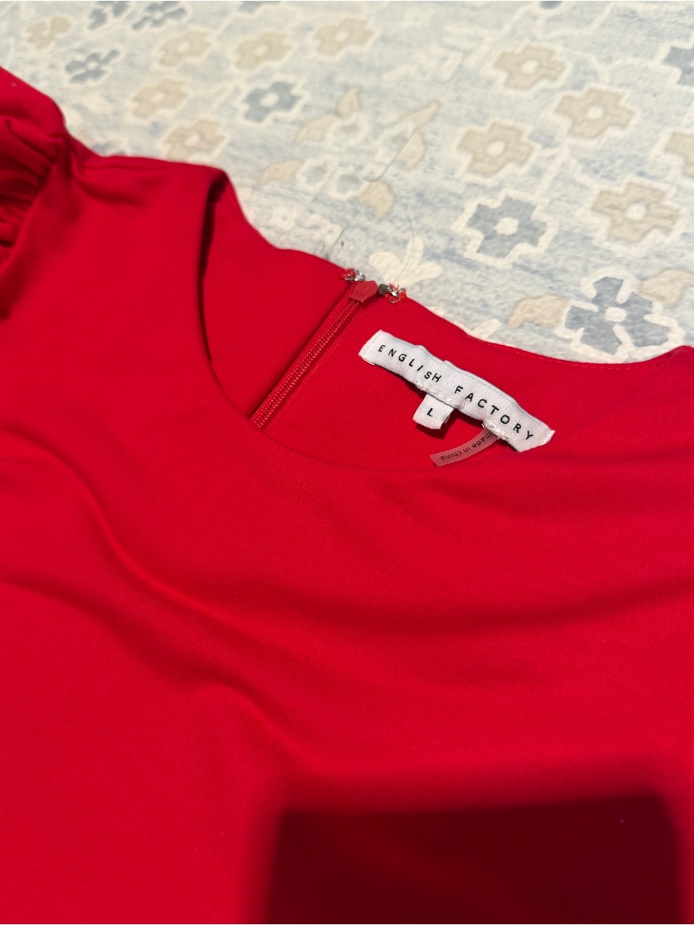 NWOT English Factory Dress - Red, Puff Sleeve, Drop Waist, Shift, Short Sleeve - Picture 6 of 10